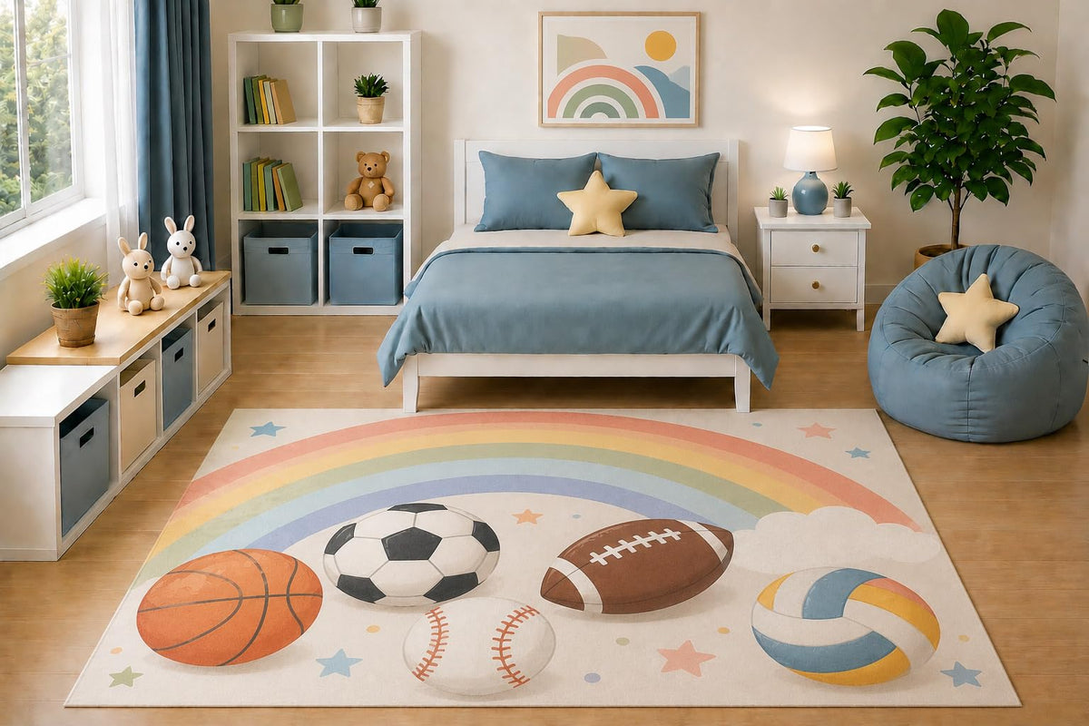 ICE ARMOR 5' x 7' Kids Area Rug Pastel Rainbow Sports Balls Rug Basketball Soccer Football Baseball Volleyball Nursery Bedroom Playroom Decor Non-Slip Silicone Backing Low Pile