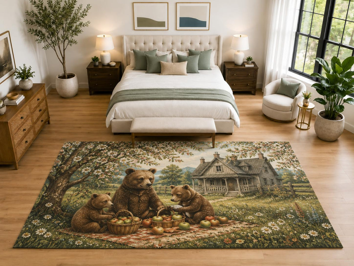 ICE ARMOR "Ultra Light Weight Large 6'7" x 9'10" Bear Apple Picnic Area Rug, Soft Low Pile Indoor Rug, Non-Slip Silicone Backing, Family Room, Brown