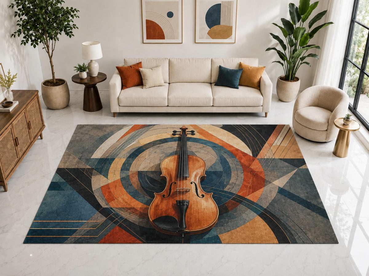 ICE ARMOR "Ultra Light Weight Large 6'7" x 9'10" Violin Circle Rug, Soft Low Pile Indoor Rug, Non-Slip Silicone Backing for Living Room Blue