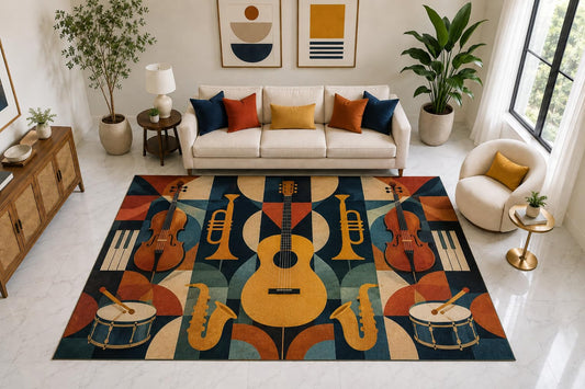ICE ARMOR "Ultra Light Weight Large 6'7" x 9'10" Orchestra Instruments Rug, Soft Low Pile Indoor Rug, Non-Slip Silicone Backing for Living Room Navy