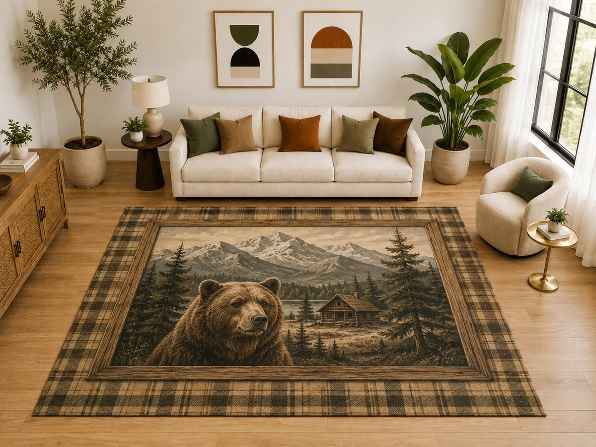 ICE ARMOR "Ultra Light Weight Large 6'7" x 9'10" Grizzly Mountain Cabin Rug, Soft Low Pile Indoor Rug, Non-Slip Silicone Backing for Bedroom Brown