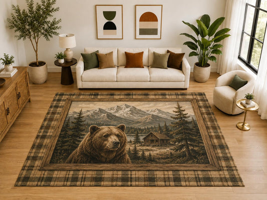 ICE ARMOR "Ultra Light Weight Large 6'7" x 9'10" Grizzly Mountain Cabin Rug, Soft Low Pile Indoor Rug, Non-Slip Silicone Backing for Bedroom Brown