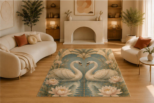 ICE ARMOR 5' x 7' Elegant Swan Lotus Pond Area Rug, Soft Low Pile Indoor Rug with Non-Slip Silicone Backing for Living Room, Bedroom, Dining Room, Office, Blue Ivory