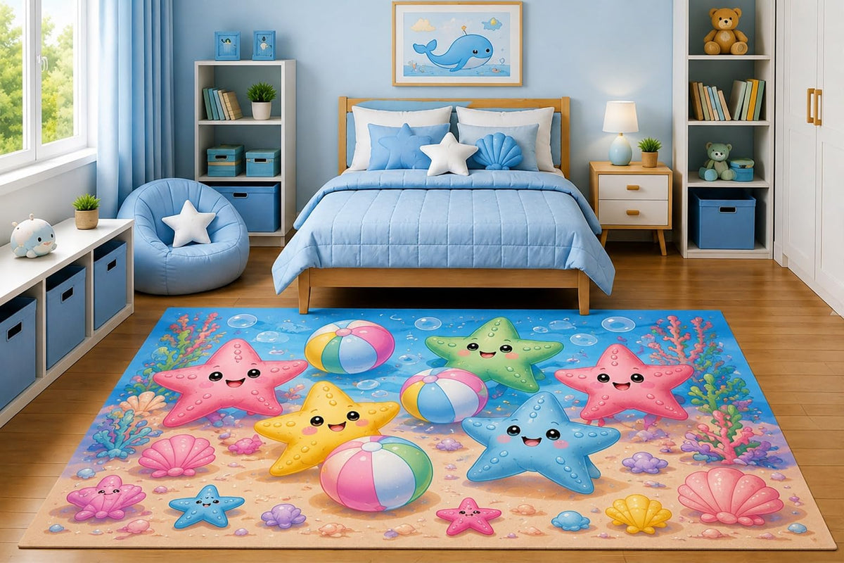 ICE ARMOR 5' x 7' Cute Smiling Starfish with Beach Balls Area Rug for Kids Bedroom Nursery Playroom Scandinavian Minimalist Ocean Coastal Decor Non-Slip Silicone Backing Low Pile