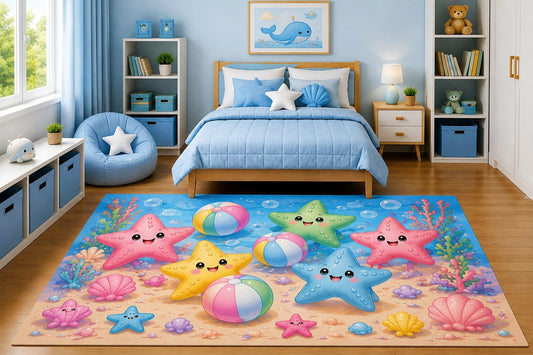 ICE ARMOR 5' x 7' Cute Smiling Starfish with Beach Balls Area Rug for Kids Bedroom Nursery Playroom Scandinavian Minimalist Ocean Coastal Decor Non-Slip Silicone Backing Low Pile