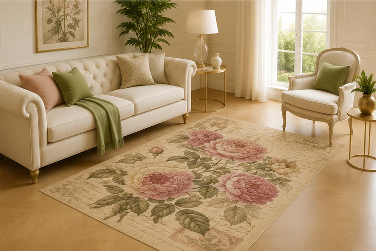 ICE ARMOR 5' x 7' Botanical Rose Manuscript Area Rug for Living Room, Soft Low Pile Indoor Mat with Non-Slip Silicone Backing for Bedroom, Library, Office, Kids and Pets