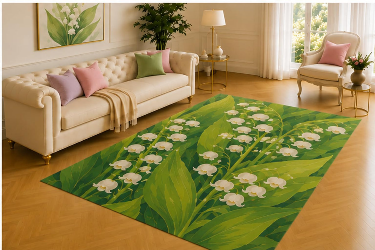 ICE ARMOR 5' x 7' Lily of the Valley Rug, White Bell Flowers Among Lush Green Leaves, Refreshing Botanical Decor for Living Room, Bedroom, Sunroom or Reading Nook