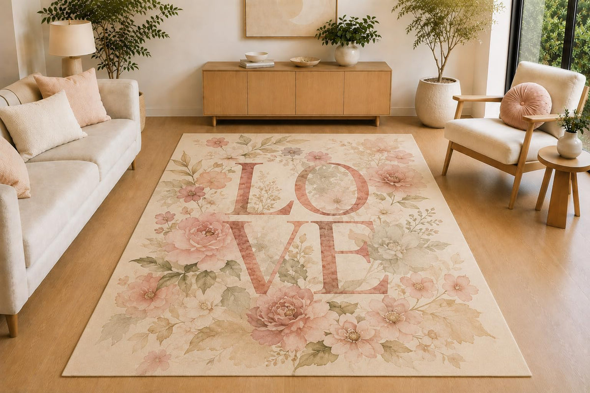 ICE ARMOR 5' x 7' Romantic Floral Love Bouquet Area Rug, Soft Low Pile Indoor Rug with Non-Slip Silicone Backing for Living Room, Bedroom, Office, Family Room, Cream Blush Pink