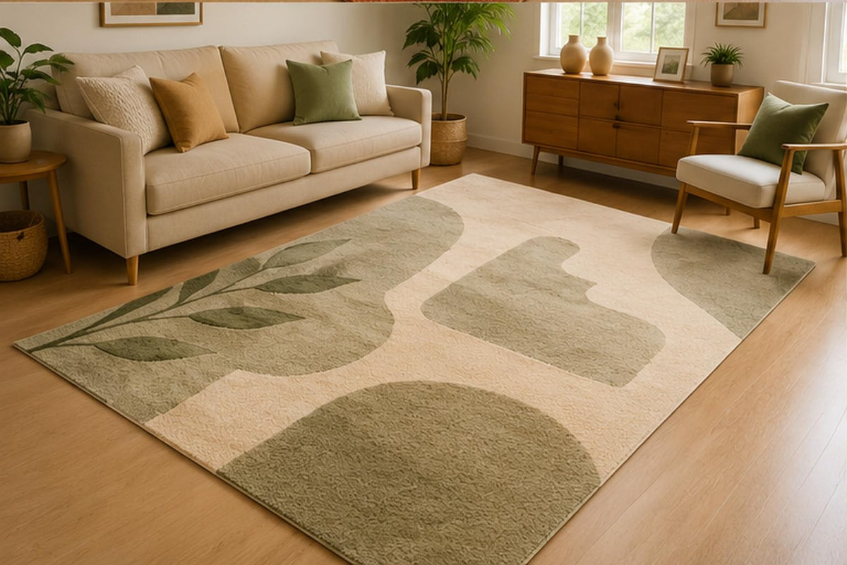 ICE ARMOR 5' x 7' Sage Organic Shapes Area Rug for Living Room, Soft Low Pile Indoor Rug with Non-Slip Silicone Backing, Botanical Carpet for Bedroom, Office, Family Room, Sage Green Beige