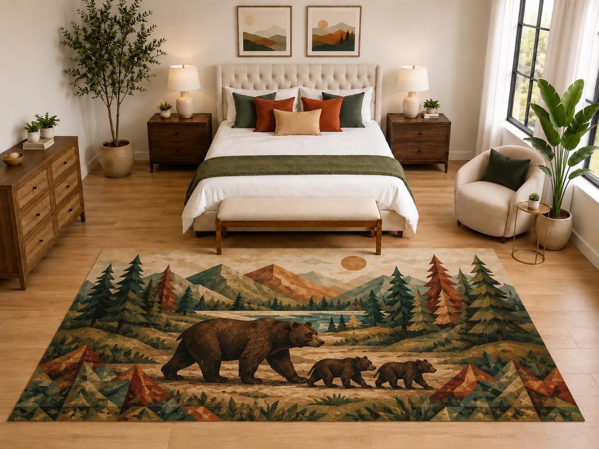ICE ARMOR "Ultra Light Weight Large 6'7" x 9'10" Bear Family Forest Rug, Soft Low Pile Indoor Rug and Non-Slip Silicone Backing, Nursery, Brown