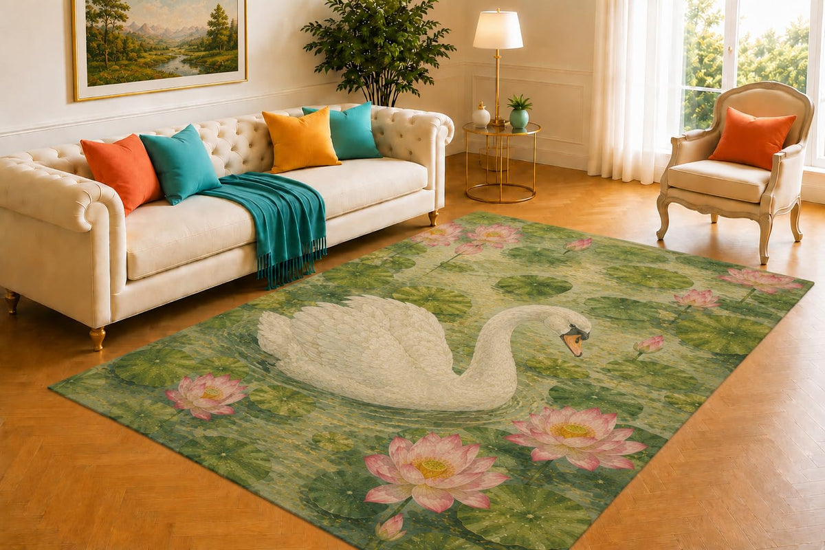 ICE ARMOR 5' x 7' Swan Rug, Graceful White Bird Gliding Among Pink Lotus Flowers and Lily Pads, Soft Floor Cover for Living Room, Bedroom, Nursery and Pond Decor