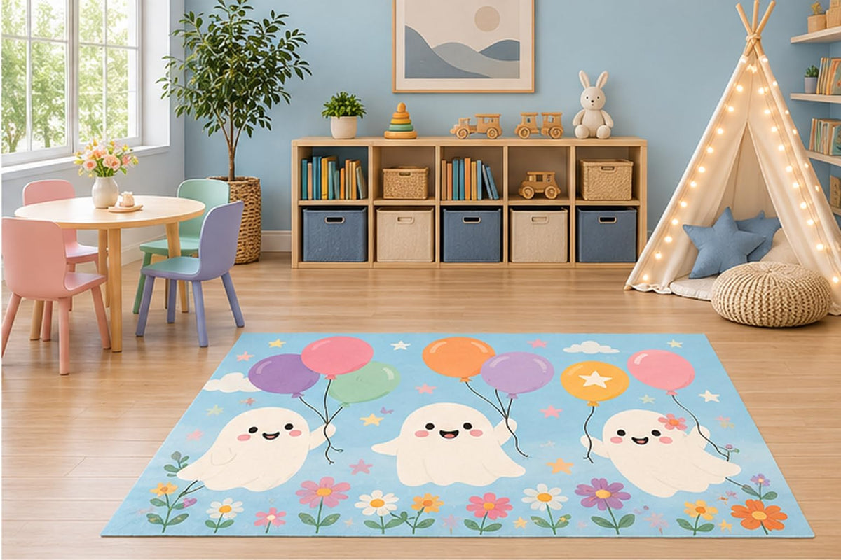 ICE ARMOR 5' x 7' Cute Ghost Balloons Kids Area Rug, Whimsical Halloween Cartoon Floral Playroom Nursery Bedroom Classroom Decor, Non-Slip Silicone Backing Low Pile