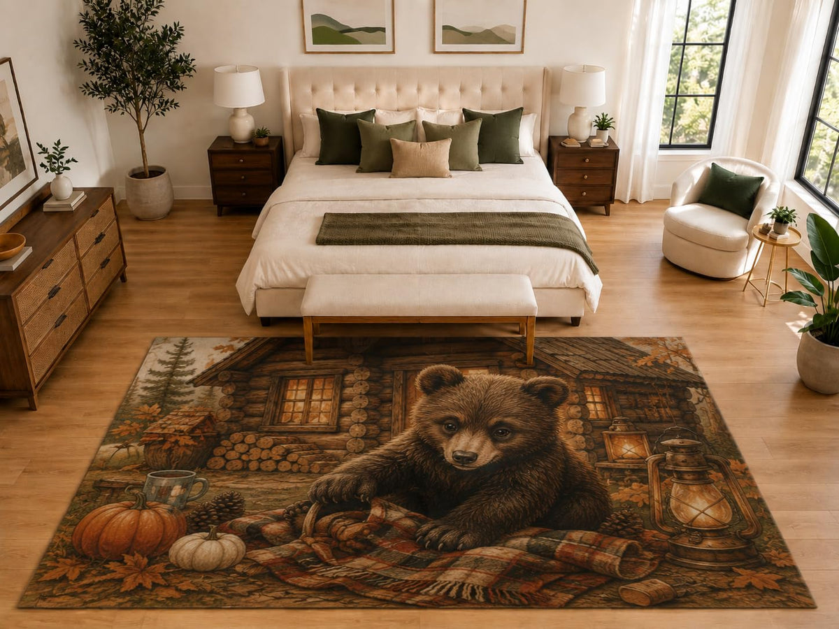 ICE ARMOR "Ultra Light Weight Large 6'7" x 9'10" Bear Cub Log Cabin Rug, Soft Low Pile Indoor Rug, Non-Slip Silicone Backing for Kids Room Brown