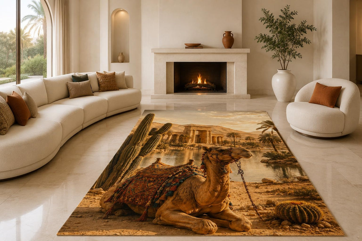 ICE ARMOR "Ultra Lightweight Large 6'7" x 9'10" Camel Temple Oasis Area Rug for Living Room, Bedroom and Home Office, Soft Low Pile Carpet with Non-Slip Silicone Backing, Brown and Beige