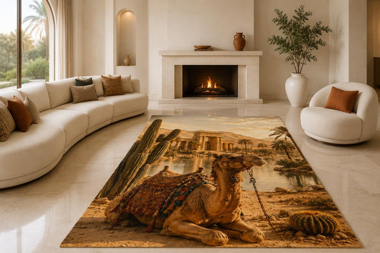 ICE ARMOR "Ultra Lightweight Large 6'7" x 9'10" Camel Temple Oasis Area Rug for Living Room, Bedroom and Home Office, Soft Low Pile Carpet with Non-Slip Silicone Backing, Brown and Beige