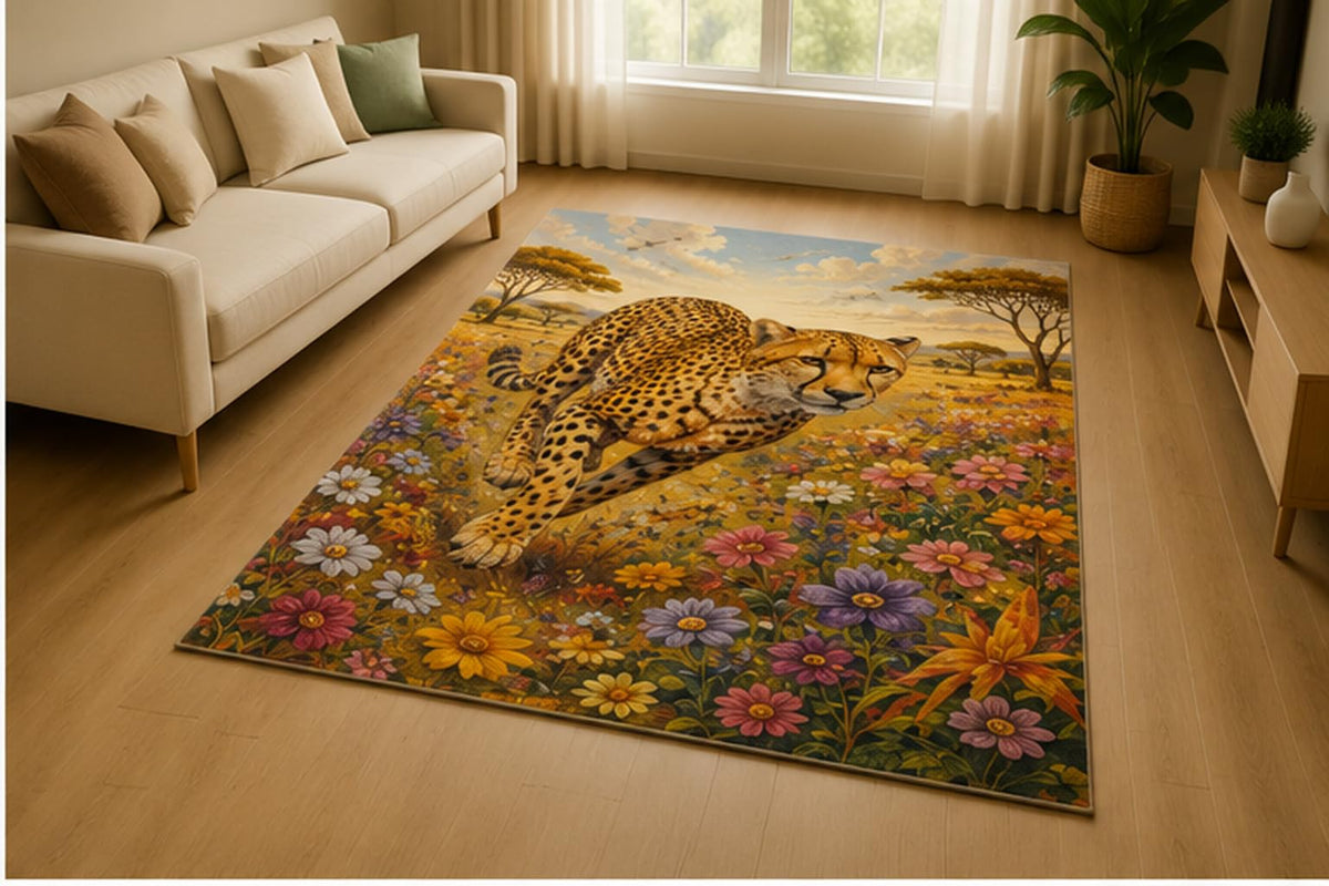 ICE ARMOR 5' x 7' Running Cheetah Wildflower Area Rug for Living Room, Soft Low Pile Indoor Rug with Non-Slip Silicone Backing, Safari Animal Decor for Bedroom, Office, Family Room, Kids & Pets