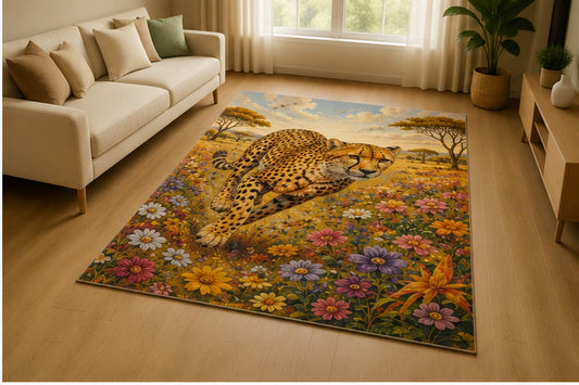 ICE ARMOR 5' x 7' Running Cheetah Wildflower Area Rug for Living Room, Soft Low Pile Indoor Rug with Non-Slip Silicone Backing, Safari Animal Decor for Bedroom, Office, Family Room, Kids & Pets