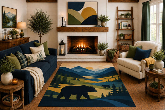 ICE ARMOR "Ultra Light Weight 5' x 7' Black Bear Landscape Area Rug, Modern Mountain Forest Wildlife Art for Living Room Cabin Lodge Bedroom, Non-Slip Silicone Backing Low Pile