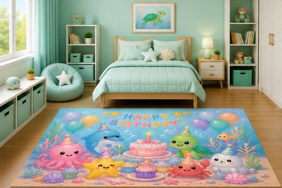 ICE ARMOR 5' x 7' Underwater Birthday Party Sea Animals Area Rug for Kids Bedroom Nursery Playroom Scandinavian Minimalist Ocean Celebration Decor Non-Slip Silicone Backing Low Pile