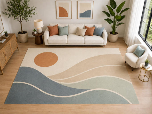 ICE ARMOR "Ultra Light Weight Large 6'7" x 9'10" Sun and Wave Area Rug, Soft Low Pile Indoor Rug and Non-Slip Silicone Backing for Living Room Bedroom, Blue Beige