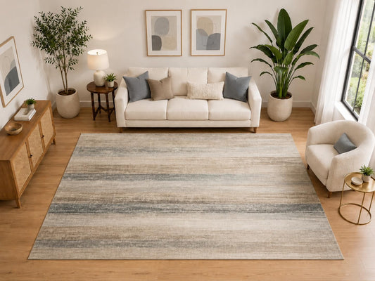 ICE ARMOR "Ultra Light Weight Large 6'7" x 9'10" Vintage Stripe Area Rug for Living Room and Dining Room, Soft Low Pile Indoor Rug and Non-Slip Silicone Backing, Beige