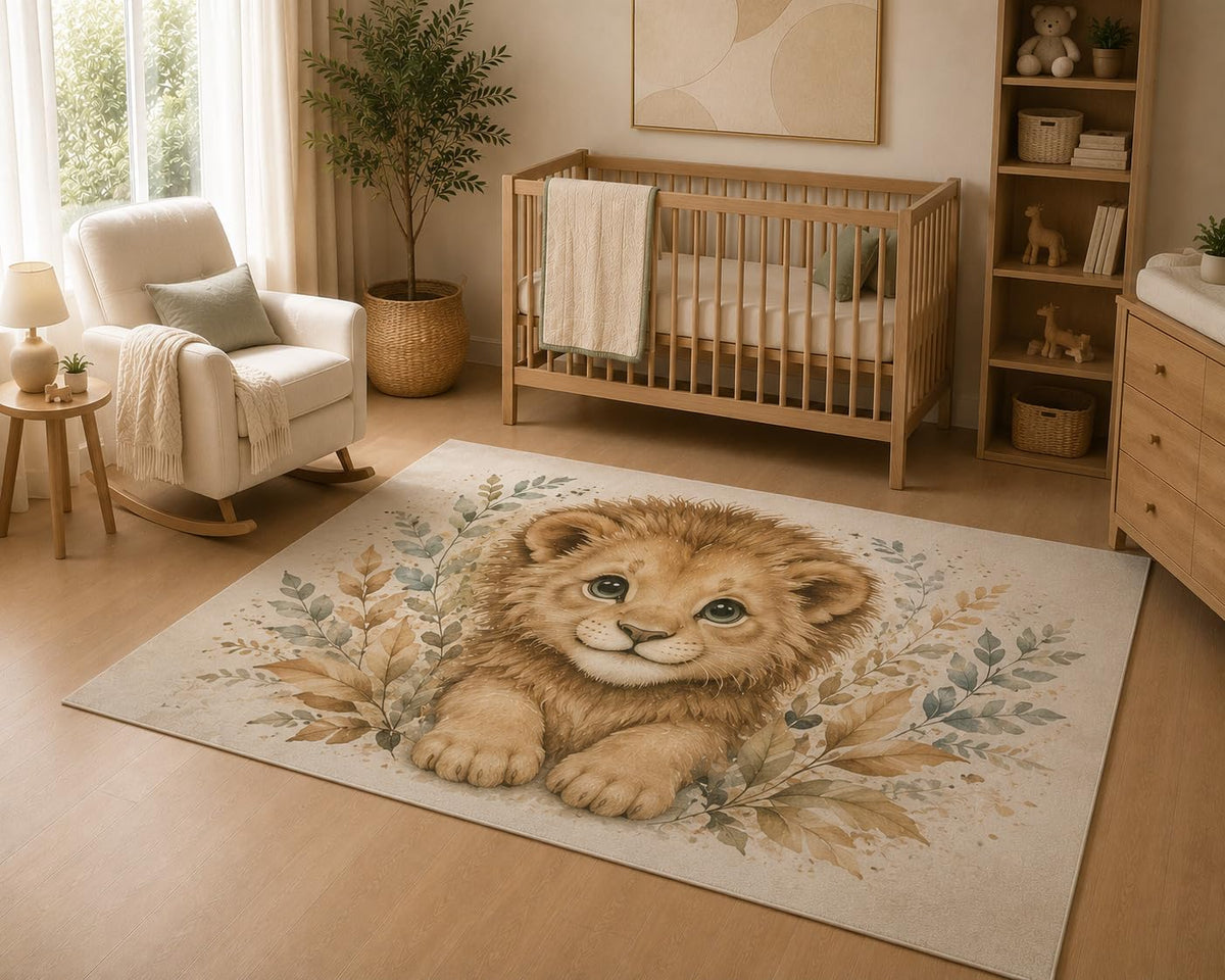 ICE ARMOR 5' x 7' Cute Baby Lion Area Rug, Soft Low Pile Indoor Rug with Non-Slip Silicone Backing, Safari Nursery Animal Carpet for Baby Room, Kids Room, Playroom, Bedroom, Beige Brown