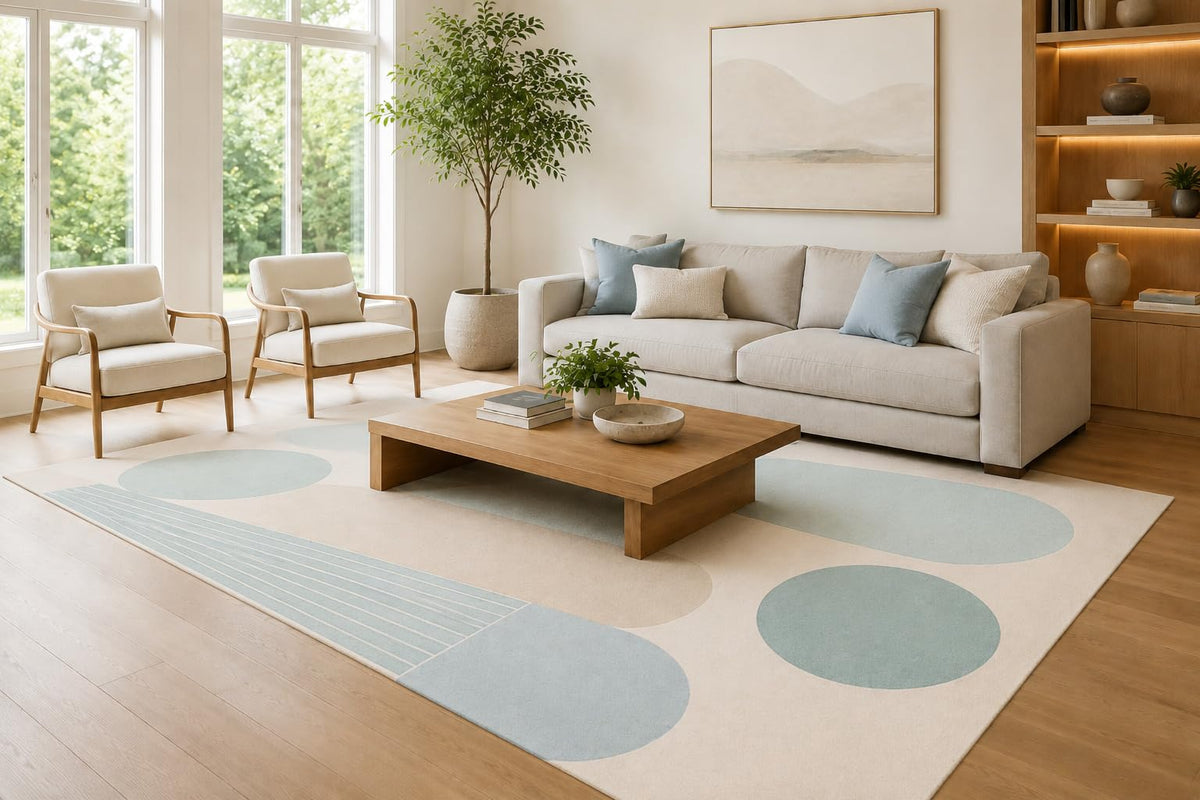 ICE ARMOR Large 6'7" x 9'10" Light Blue and Ivory Floating Ovals Area Rug for Living Room, Soft Low Pile Carpet with Non-Slip Silicone Backing, Decor for Bedroom, Dining Area and Home Office