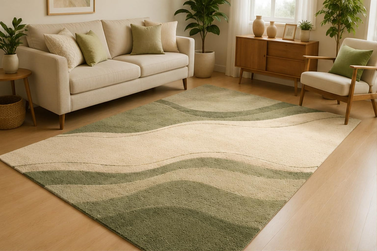 ICE ARMOR 5' x 7' Sage Abstract Wave Area Rug for Living Room, Soft Low Pile Indoor Rug with Non-Slip Silicone Backing, Modern Minimalist Carpet for Bedroom, Dining Room, Office, Sage Green Ivory