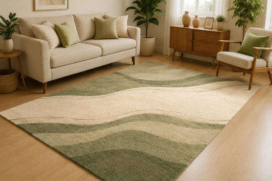 ICE ARMOR 5' x 7' Sage Abstract Wave Area Rug for Living Room, Soft Low Pile Indoor Rug with Non-Slip Silicone Backing, Modern Minimalist Carpet for Bedroom, Dining Room, Office, Sage Green Ivory