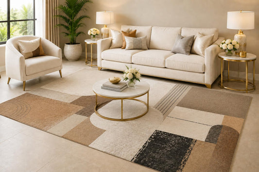 ICE Armor 6'7" x 9'10" Neutral Patchwork Area Rug for Living Room, Soft Low Pile Indoor Rug with Non-Slip Silicone Backing, Large Decorative Carpet for Bedroom, Dining Room and Office, Multicolored