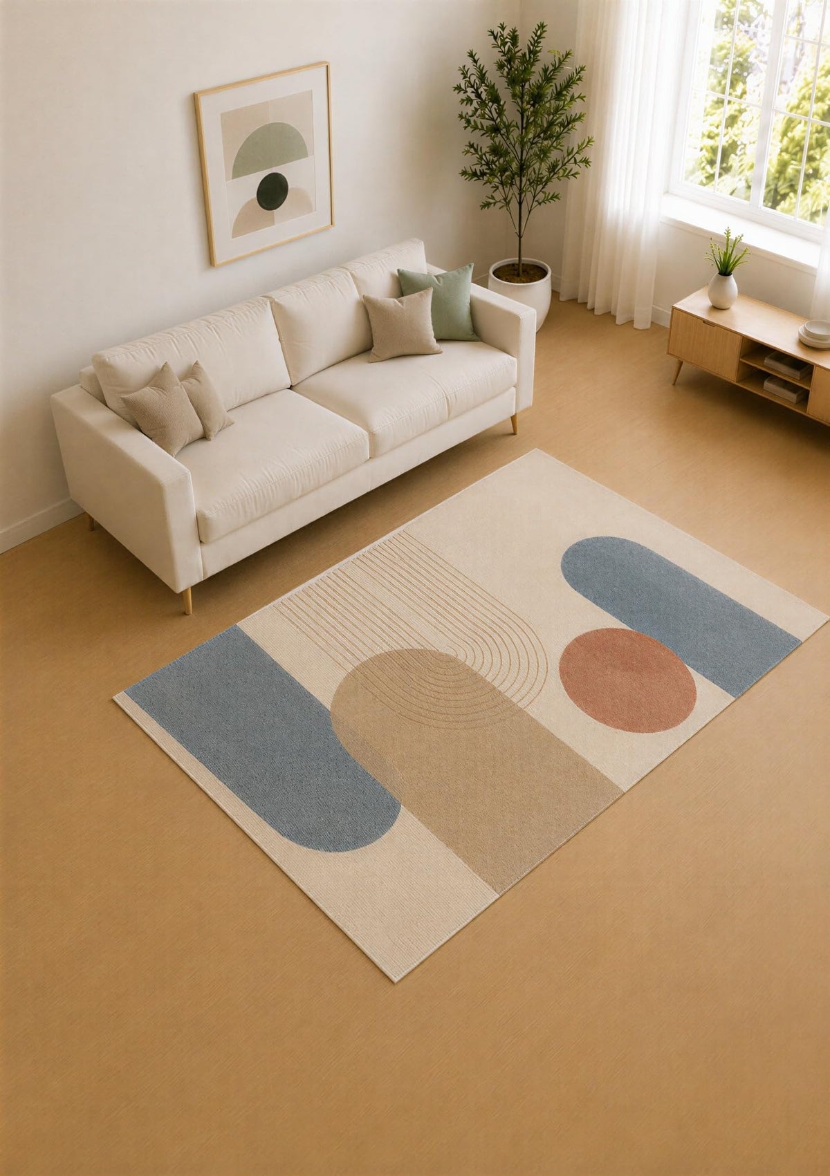 ICE ARMOR 5' x 7' Dusty Blue and Beige Modern Shapes Area Rug for Living Room, Soft Low Pile Carpet with Non-Slip Silicone Backing, Decor for Bedroom and Home Office