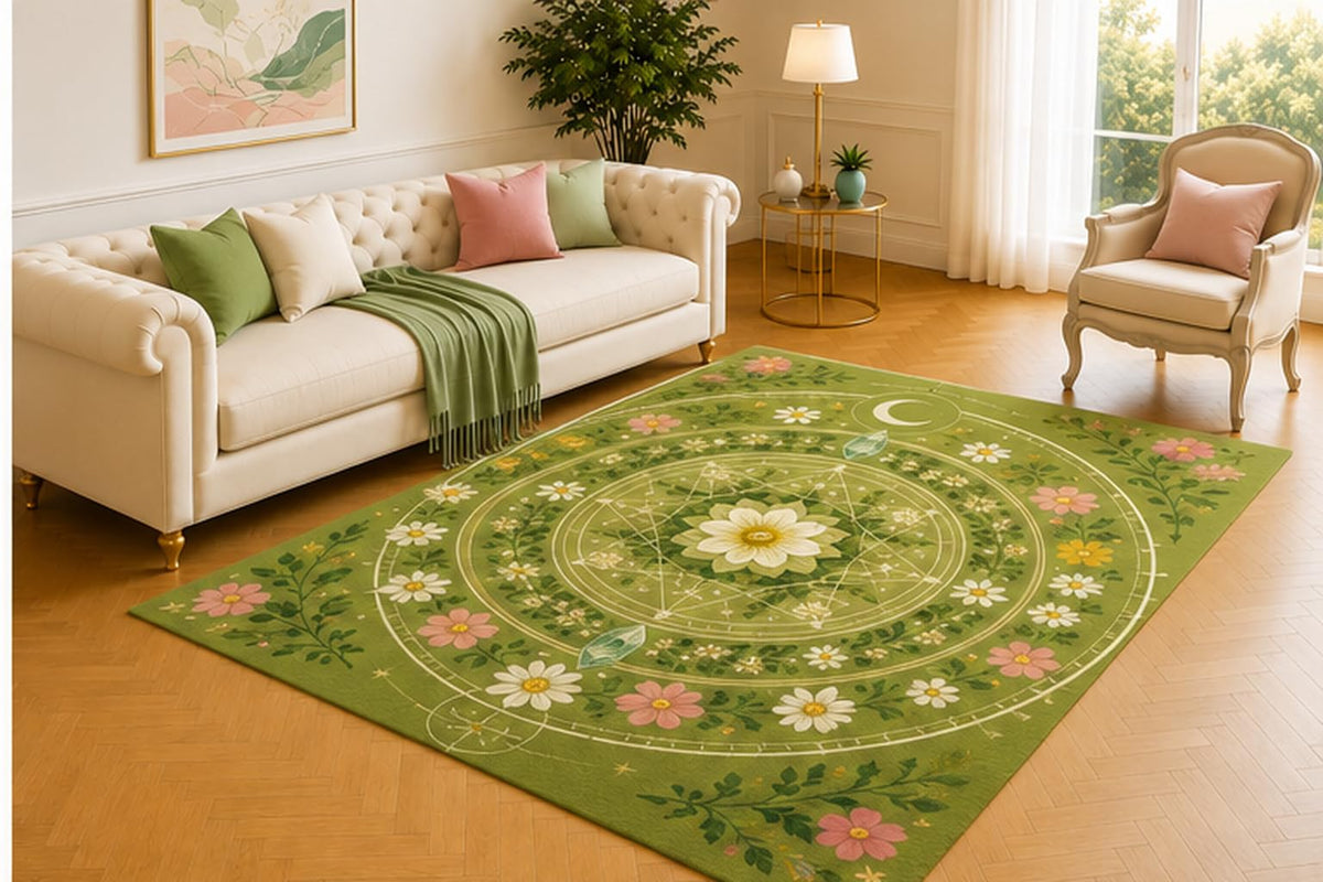 ICE ARMOR 5' x 7' Daisy Star Chart Rug, Pink and White Flowers Around a Lunar Diagram on Soft Sage, Airy Accent for Bedroom, Sunroom or Creative Studio