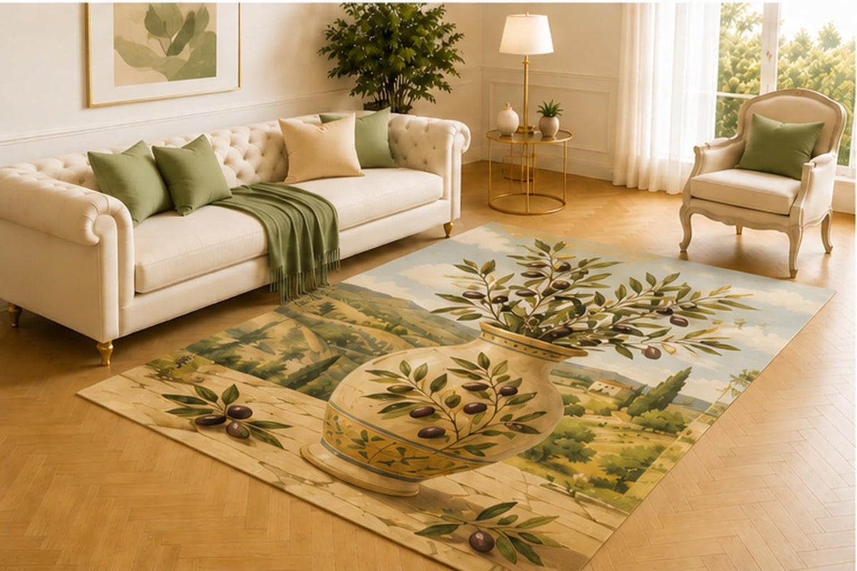 ICE ARMOR 5' x 7' Olive Branch Vase Rug, Green Leaves and Dark Fruit in a Rustic Ceramic Pot, Tuscan Country Decor for Living Room, Dining Room, Kitchen or Entryway