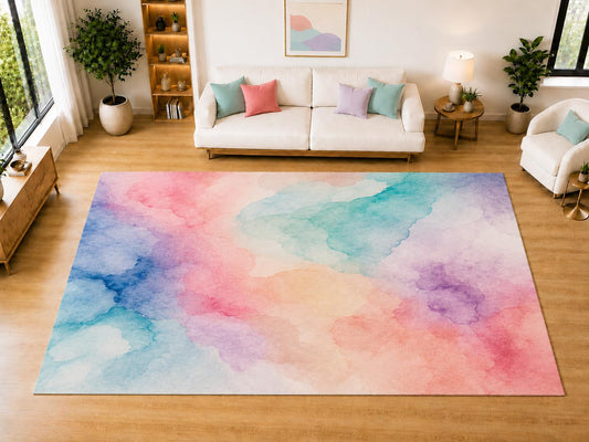 ICE ARMOR "Ultra Light Weight Large 6'7 x 9'10 Pastel Watercolor Clouds Area Rug for Living Room, Dining Room, and Bedroom, Soft Low Pile Indoor Rug, Serene Floor Decor
