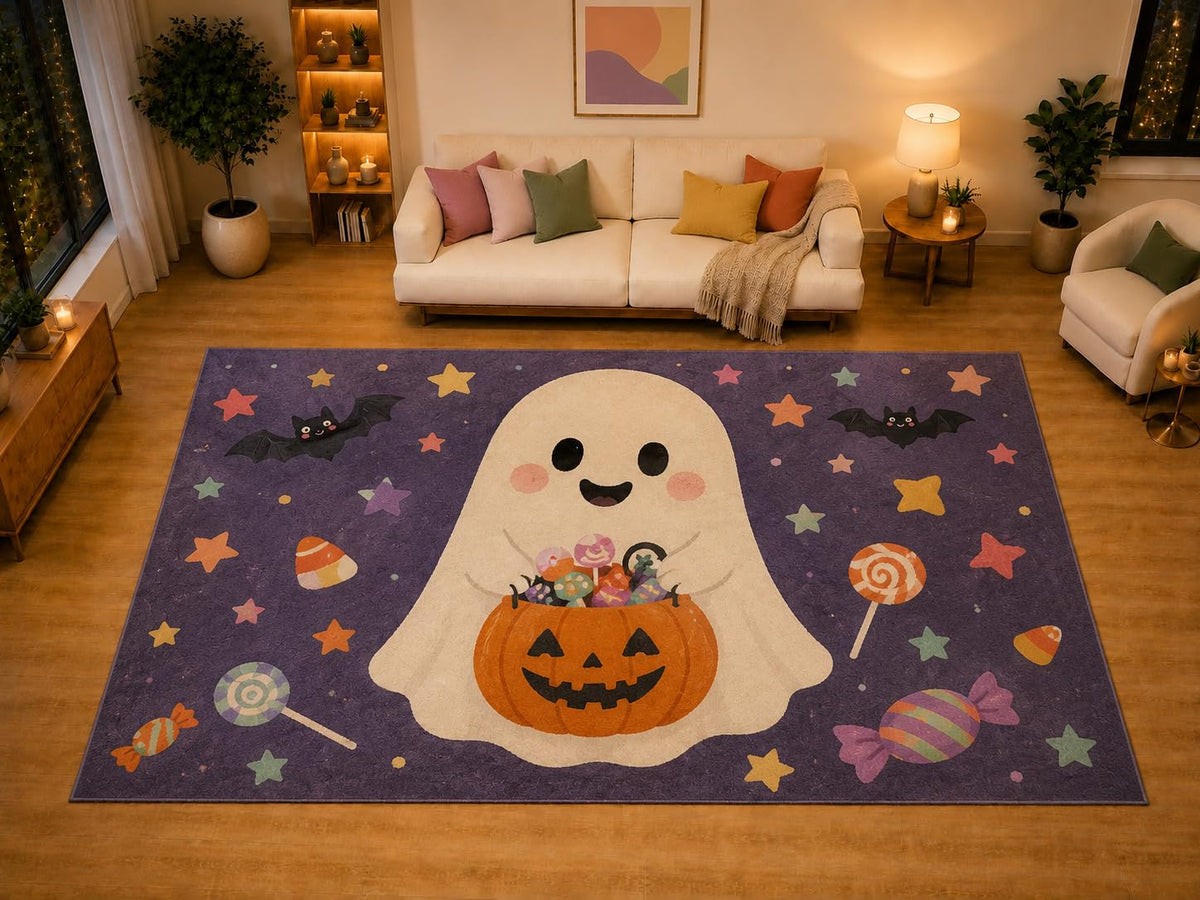 ICE ARMOR "Ultra Light Weight Large 6'7" x 9'10" Cute Ghost Candy Pumpkin Area Rug for Living Room Bedroom, Soft Low Pile Non-Slip Backing, Purple Orange Kids Halloween Decor