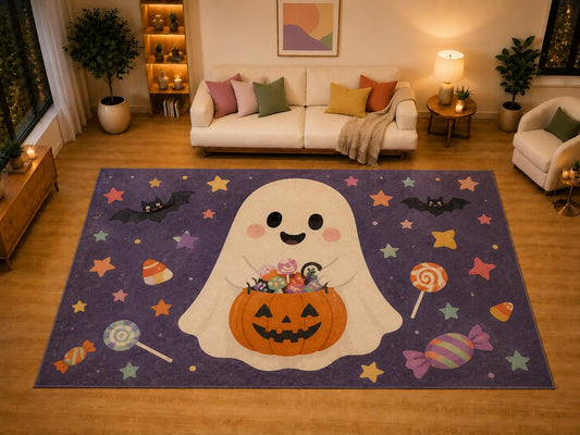 ICE ARMOR "Ultra Light Weight Large 6'7" x 9'10" Cute Ghost Candy Pumpkin Area Rug for Living Room Bedroom, Soft Low Pile Non-Slip Backing, Purple Orange Kids Halloween Decor
