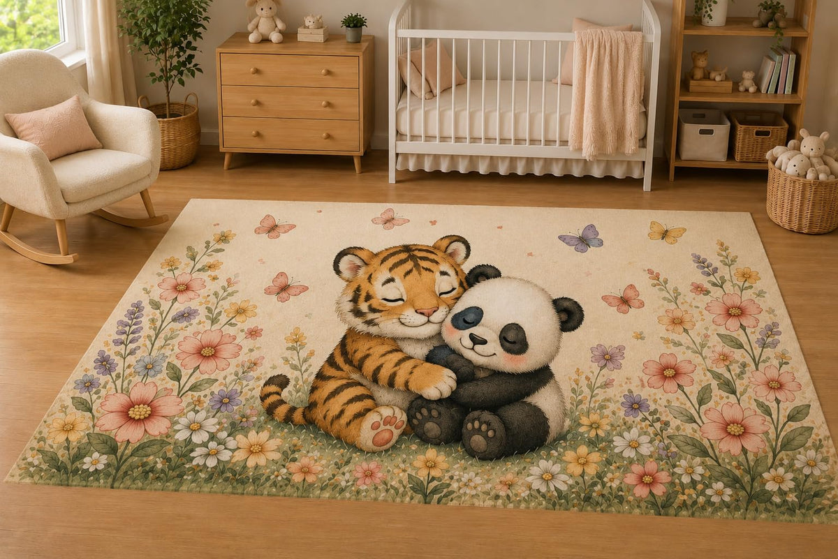 ICE ARMOR 5' x 7' Baby Tiger and Panda Hug Floral Area Rug for Nursery, Soft Low Pile Indoor Rug with Non-Slip Silicone Backing, Kids Room, Playroom, Kids & Pets, Beige Pastel