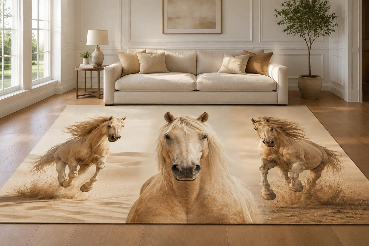 ICE ARMOR "Ultra Lightweight Large 6'7" x 9'10" Palomino Horse Trio Area Rug for Living Room, Bedroom and Home Office, Soft Low Pile Carpet with Non-Slip Silicone Backing, Beige and Brown
