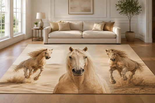 ICE ARMOR "Ultra Lightweight Large 6'7" x 9'10" Palomino Horse Trio Area Rug for Living Room, Bedroom and Home Office, Soft Low Pile Carpet with Non-Slip Silicone Backing, Beige and Brown