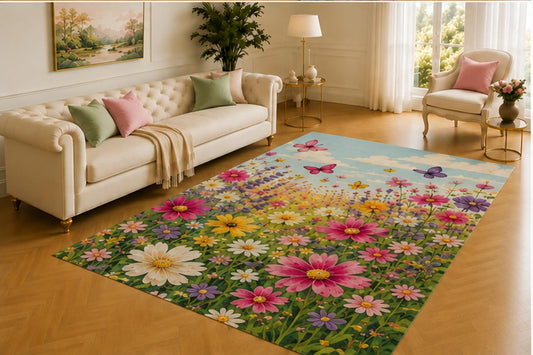ICE ARMOR 5' x 7' Butterfly Meadow Rug, Colorful Butterflies Flying Above Pink, Yellow and Purple Wildflowers, Joyful Decor for Bedroom, Nursery or Sunroom