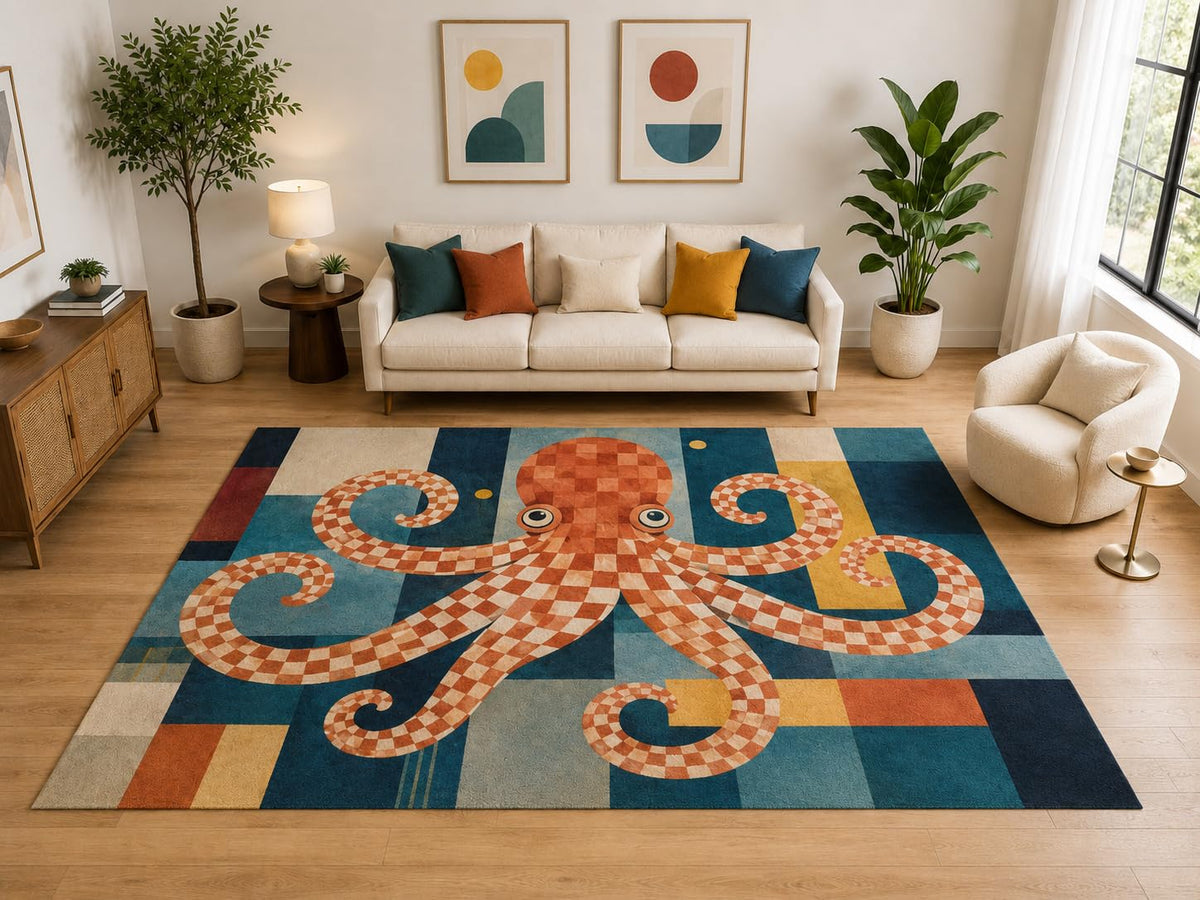 ICE ARMOR "Ultra Light Weight Large 6'7" x 9'10" Checkered Octopus Rug, Soft Low Pile Indoor Rug, Non-Slip Silicone Backing for Kids Room Blue