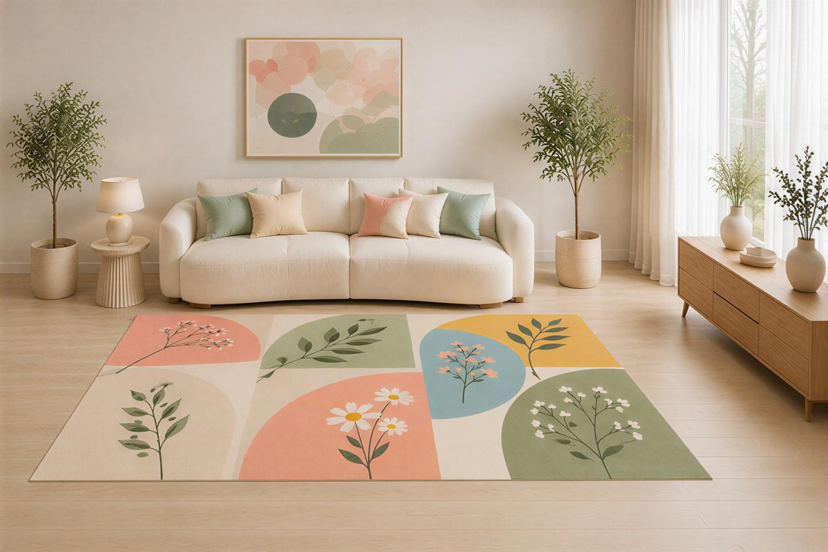 ICE ARMOR 5' x 7' Mid Century Botanical Area Rug, Pastel Floral Geometric Patchwork Design for Living Room Bedroom Office, Non-Slip Silicone Backing, Low Pile Carpet