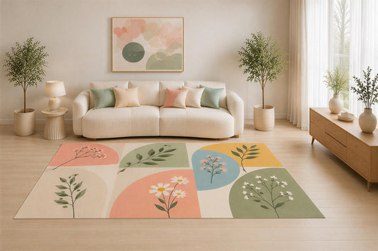 ICE ARMOR 5' x 7' Mid Century Botanical Area Rug, Pastel Floral Geometric Patchwork Design for Living Room Bedroom Office, Non-Slip Silicone Backing, Low Pile Carpet