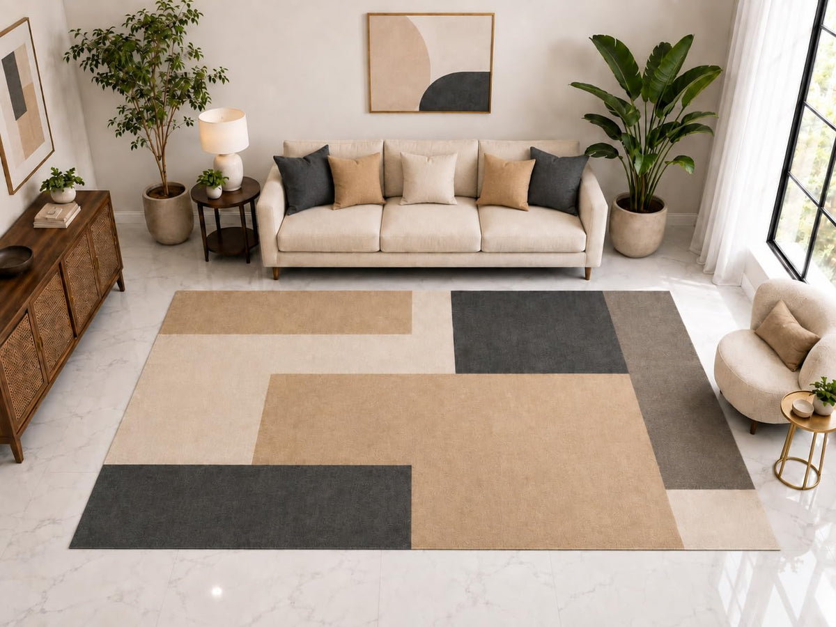 ICE ARMOR "Ultra Light Weight Large 6'7" x 9'10" Geometric Color Block Rug, Soft Low Pile Indoor Rug, Non-Slip Silicone Backing Living Room Beige