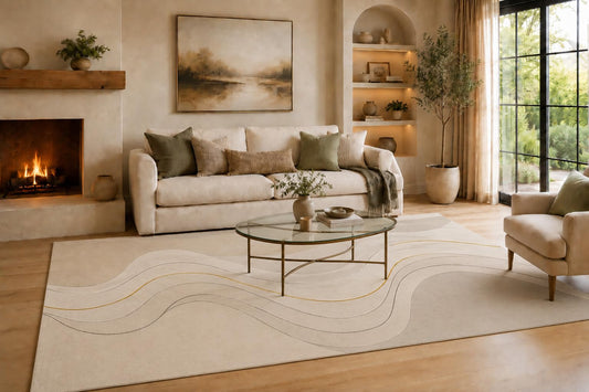ICE ARMOR Large 6'7" x 9'10" Cream and Golden Color Abstract Wave Area Rug for Living Room, Soft Low Pile Carpet with Non-Slip Silicone Backing, Decor for Bedroom and Home Office