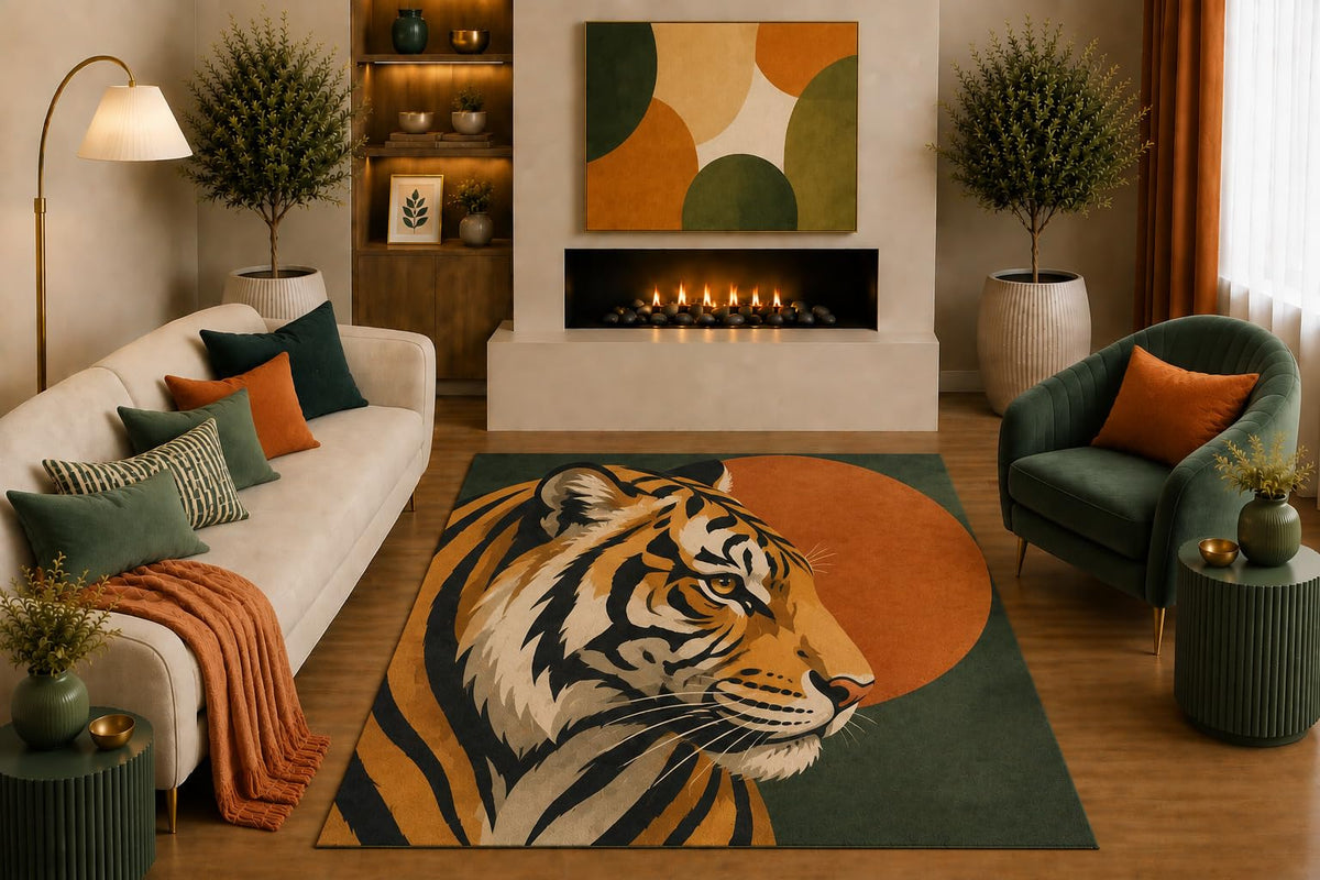 ICE ARMOR "Ultra Light Weight 5' x 7' Tiger Portrait Area Rug Mid Century Modern Safari Wildlife Art for Living Room Bedroom Office Jungle Decor Non-Slip Silicone Backing Low Pile