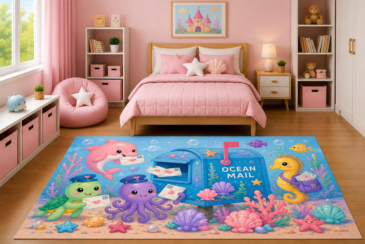 ICE ARMOR 5' x 7' Ocean Mail Sea Animals Area Rug for Kids Bedroom Nursery Playroom Scandinavian Minimalist Underwater Fantasy Coastal Decor Non-Slip Silicone Backing Low Pile