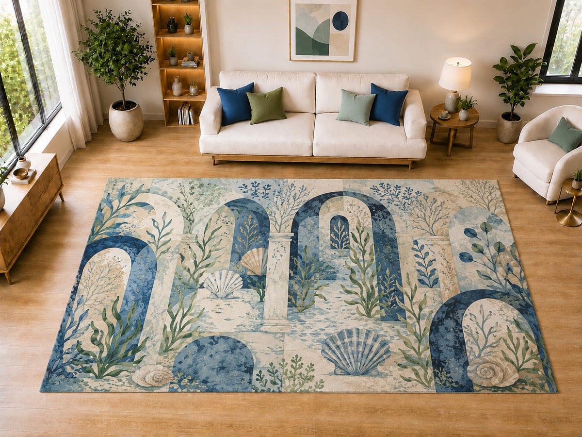 ICE ARMOR "Ultra Light Weight Large 6'7" x 9'10" Coastal Arches Shells Area Rug for Dining, Living Room, Bedroom, Soft Low Pile Indoor Rug with Non-Slip Silicone Backing, Blue Cream