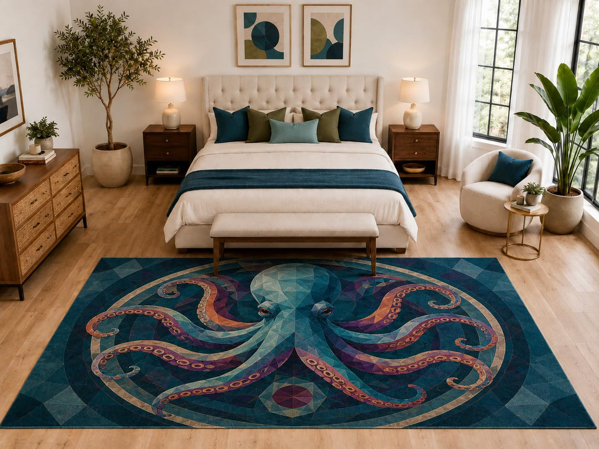 ICE ARMOR "Ultra Light Weight Large 6'7" x 9'10" Geometric Octopus Rug, Soft Low Pile Indoor Rug, Non-Slip Silicone Backing for Living Room Teal