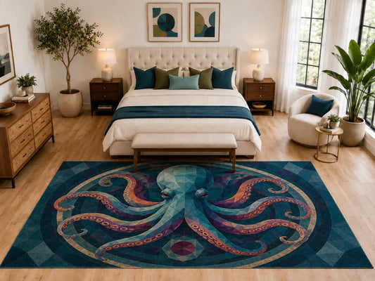ICE ARMOR "Ultra Light Weight Large 6'7" x 9'10" Geometric Octopus Rug, Soft Low Pile Indoor Rug, Non-Slip Silicone Backing for Living Room Teal